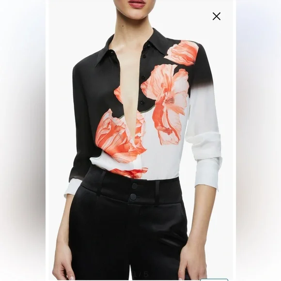 Alice + Olivia Brady Floral Slim Fit Silk Button-Up Shirt size M - Picture 4 of 10